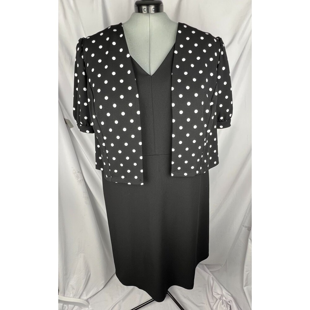 LONDON TIMES Woman Dress Jacket Set 22W Black White Polka Dot Midi Plus Size NEW